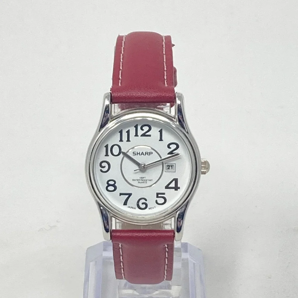 Sharp Womens Easy Reader Watch 29mm Silver Tone Date Red Leather 30M New Battery